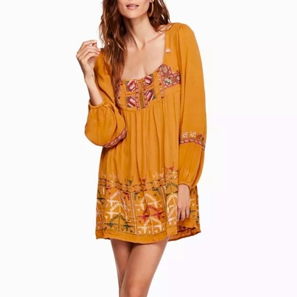 NWT Free People Mustard Yellow Bishop Sleeve Sundress Embroidered Small Mini